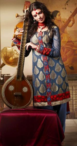 Серо-синий шёлковый наряд для индийского танца — туника с длинными полупрозрачными рукавами и брюки